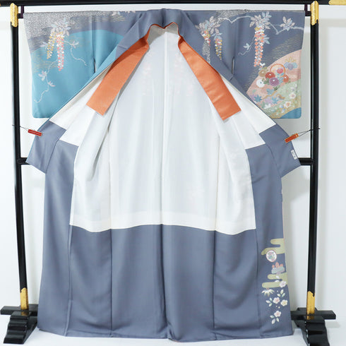 訪問着 リサイクル 身丈165.7cm 裄68.4cm 袷 菊柄 金駒刺繍 絞り 重ね衿付き ブルー LLサイズ セミフォーマル 正絹 広衿 Sランク
