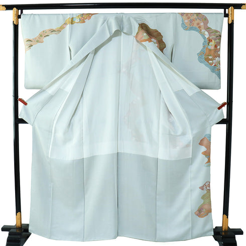 訪問着 リサイクル 身丈159.2cm 裄68.4cm 袷 牡丹に花丸柄 金駒刺繍 箔 ブルー Mサイズ セミフォーマル 正絹 広衿 Aランク