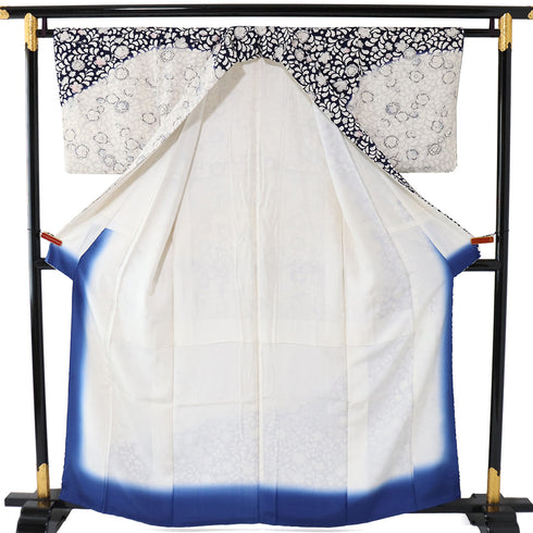 付下げ リサイクル 身丈158.5cm 裄62.6cm 袷 辻ヶ花調 後絞り加工 ネイビー Mサイズ お洒落 しつけ糸 正絹 広衿 Sランク