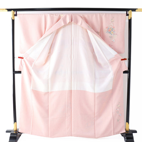 訪問着 リサイクル 身丈162.3cm 裄67.4cm 袷 地紙に牡丹柄 ピンク Lサイズ フォーマル セミフォーマル 落款 正絹 広衿 Sランク