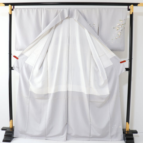 訪問着 リサイクル 身丈167cm 裄68.4cm 袷 桜柄 グレー LLサイズ セミフォーマル お洒落 一つ紋 正絹 広衿 Sランク