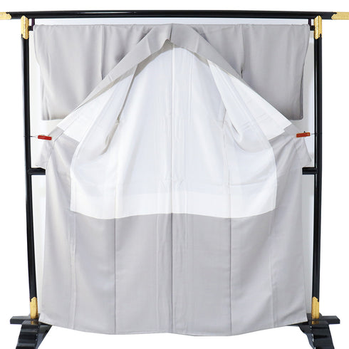 訪問着 リサイクル 身丈161.8cm 裄68.8cm 袷 裾ぼかし柄 地紋 グレー Lサイズ セミフォーマル 三つ紋 しつけ糸 正絹 広衿 Sランク