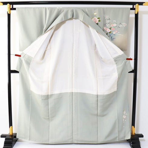 訪問着 リサイクル 身丈162.5cm 裄64.4cm 袷 花各種柄 箔 グリーン Lサイズ セミフォーマル お洒落 正絹 広衿 Aランク