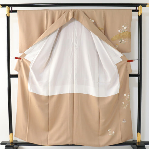 訪問着 リサイクル 身丈155.5cm 裄62.8cm 袷 花各種柄 刺繍 箔 ブラウン Mサイズ セミフォーマル お洒落 正絹 広衿 Sランク