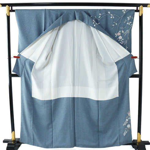 訪問着 リサイクル 身丈159.8cm 裄64.4cm 袷 辻ヶ花風柄 部分絞り加工 箔 ブルー Mサイズ フォーマル 正絹 広衿 Sランク