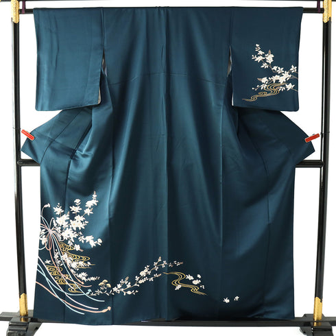 付下げ リサイクル 身丈156.7cm 裄62.6cm 袷 椿や花枝模様 箔加工 パールトーン加工 ネイビー Mサイズ フォーマル セミフォーマル 正絹 広衿 Aランク