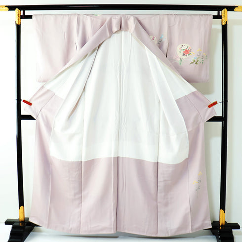 訪問着 リサイクル 身丈159cm 裄62.4cm 袷 丸窓に花柄 箔 パープル Mサイズ セミフォーマル お洒落 正絹 広衿 Aランク
