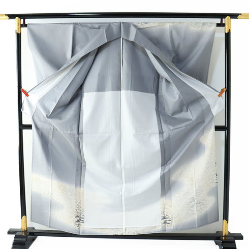 付下げ リサイクル 身丈159.3cm 裄65.4cm 単衣 紬 植物柄 後身頃居敷当て付き グレー Mサイズ お洒落 正絹 広衿 Sランク