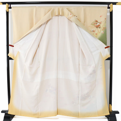 付下げ リサイクル 身丈159.5cm 裄66.4cm 袷 扇子や菊柄 金駒刺繍 箔 ゆったりサイズ オレンジ Mサイズ セミフォーマル お洒落 正絹 広衿 Sランク