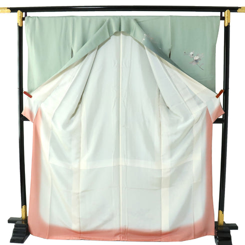 付下げ 身丈169.3cm 裄68cm 袷 椿柄 箔 グリーン LLサイズ セミフォーマル お洒落 正絹 広衿 Sランク