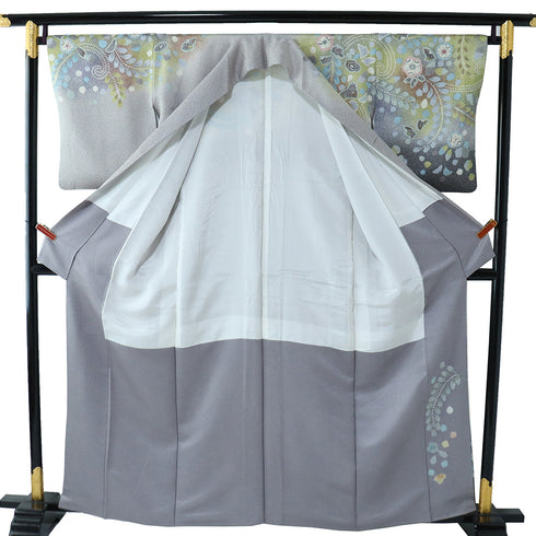 訪問着 身丈158.5cm 裄66.8cm 袷 辻ヶ花模様 グレー Mサイズ フォーマル お洒落 正絹 広衿 Sランク