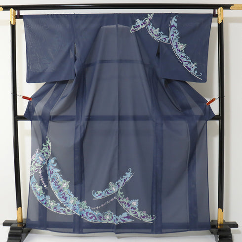 付下げ リサイクル 夏着物 身丈163cm 裄68cm 絽 オリエンタル柄 夏物 ネイビー Lサイズ お洒落 ポリエステル 洗える着物 バチ衿 Aランク