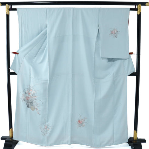 付下げ リサイクル 身丈160.8cm 裄62.4cm 袷 花籠柄 ブルー Lサイズ セミフォーマル 落款 正絹 広衿 Aランク