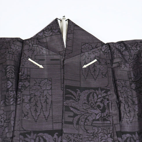 紬 リサイクル 身丈161.5cm 裄65cm 袷 草花柄 パープル Lサイズ お洒落 カジュアル 正絹 広衿 Aランク