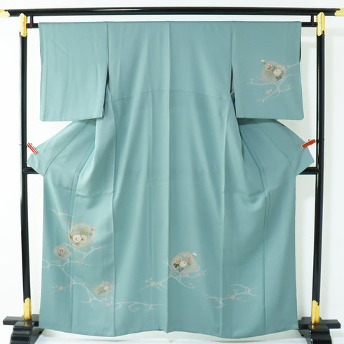 付下げ リサイクル 身丈158.5cm 裄64cm 袷 椿に梅や菊柄 金駒刺繍 箔 パールトーン加工 ブルー Mサイズ お洒落 正絹 広衿 Sランク