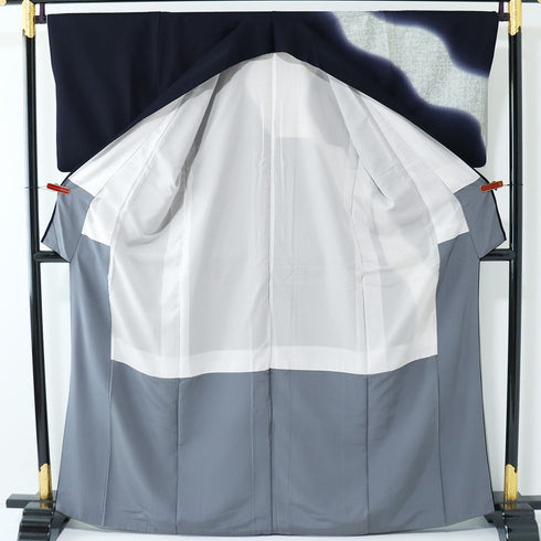 付下げ リサイクル 身丈165.5cm 裄66.8cm 袷 刺繍 ネイビー LLサイズ お洒落 正絹 広衿 Aランク