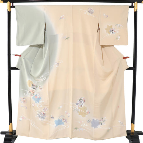 訪問着 リサイクル 身丈159.5cm 裄65.2cm 袷 流水に花柄 金駒刺繍 ベージュ Mサイズ セミフォーマル お洒落 正絹 広衿 Sランク