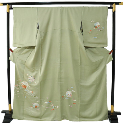 訪問着 リサイクル 身丈166cm 裄66cm 袷 牡丹に菊柄 刺繍 地紋 グリーン LLサイズ フォーマル セミフォーマル 一つ紋 正絹 広衿 Sランク
