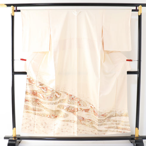 色留袖 リサイクル 身丈151cm 裄63.2cm 袷 扇面流し 金駒刺繍 箔加工 比翼無し ベージュ Sサイズ フォーマル セミフォーマル 一つ紋 正絹 広衿 Aランク