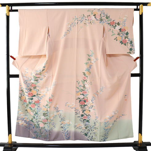 訪問着 リサイクル 身丈150.7cm 裄62.4cm 袷 菊柄 ピンク Sサイズ セミフォーマル お洒落 正絹 広衿 Sランク