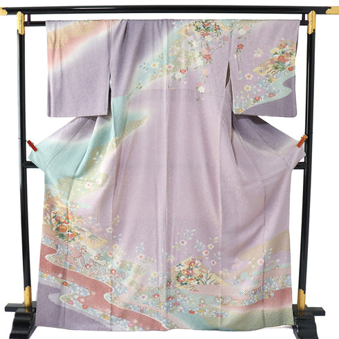 訪問着 リサイクル 身丈165cm 裄66.4cm 袷 松唐菱に菊柄 金駒刺繍 箔 パープル Lサイズ フォーマル セミフォーマル 正絹 広衿 Sランク