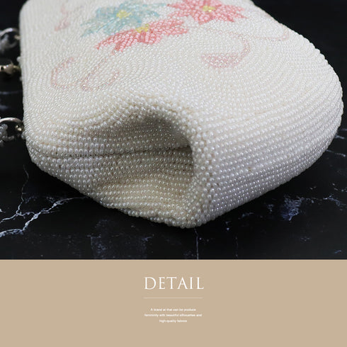 バッグ リサイクル カジュアル ホワイト ビーズ Bランク 花柄 横幅20.5cm 高さ12cm マチ4.5cm