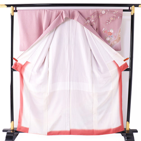 付下げ リサイクル 身丈159cm 裄63cm 袷 道長取りに菊やしだれ花模様 絞り柄 パープル Mサイズ セミフォーマル 一つ紋 正絹 広衿 Aランク