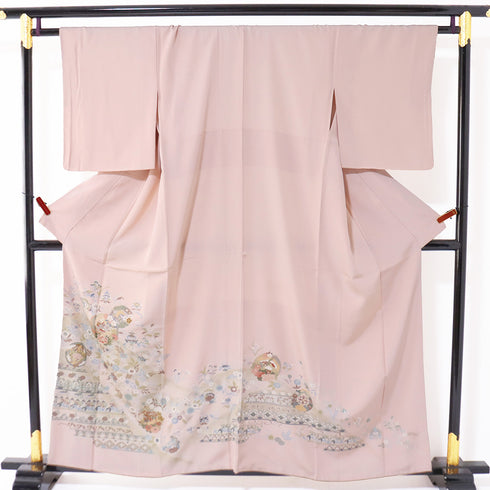 色留袖 リサイクル 身丈156.5cm 裄64.4cm 袷 箔加工 花丸 鳳凰 吉祥文様 比翼無し ピンク Mサイズ フォーマル 正絹 広衿 Sランク