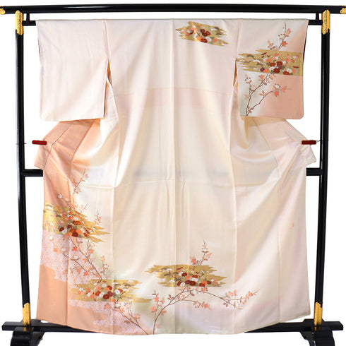 付下げ リサイクル 身丈158cm 裄64.8cm 袷 立花柄 菊柄 金駒刺繍 地紋 ピンク Mサイズ セミフォーマル 落款 正絹 広衿 Sランク