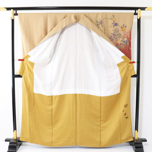 訪問着 リサイクル 身丈161.7cm 裄66.4cm 袷 鼓や扇子や花柄 ブラウン Lサイズ お洒落 セミフォーマル 正絹 広衿 Aランク