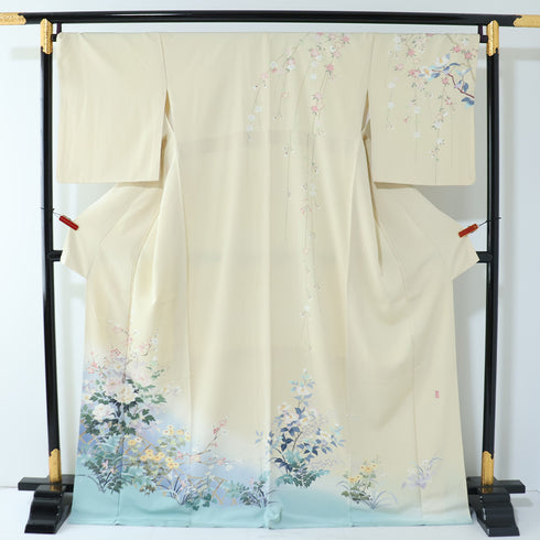 訪問着 リサイクル 身丈168cm 裄70cm 袷 牡丹や梅柄 阿部佳雪 ベージュ LLサイズ セミフォーマル お洒落 正絹 広衿 Aランク