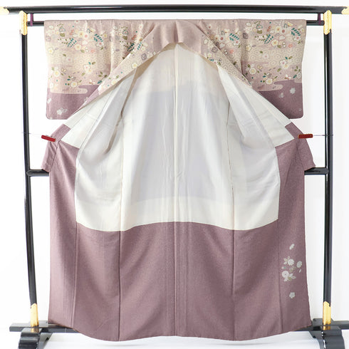訪問着 リサイクル 身丈159cm 裄62.4cm 袷 辻が花風柄 パープル Mサイズ セミフォーマル お洒落 正絹 広衿 Bランク