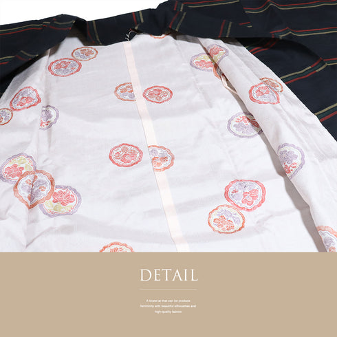 道中着 リサイクル 身丈130.8cm 裄67.4cm 袷 紬 ロング丈 縞柄 ブラック Lサイズ お洒落 カジュアル 正絹 Aランク