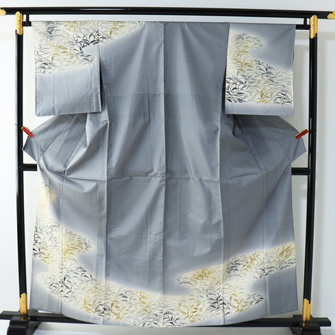 付下げ 身丈159.3cm 裄65.4cm 袷 葉柄 グレー Mサイズ お洒落 正絹 広衿 Sランク