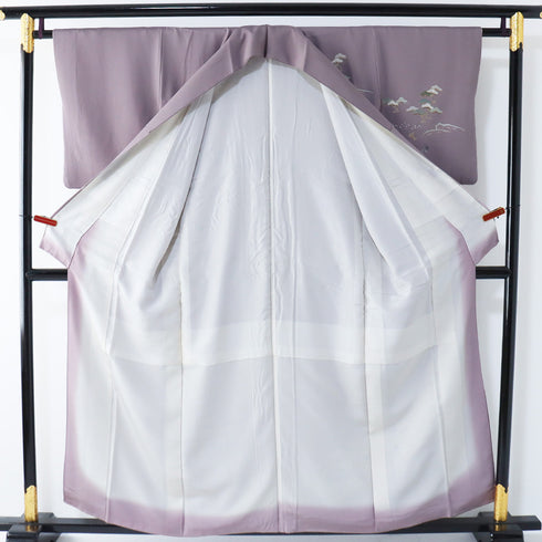 付下げ リサイクル 身丈155.8cm 裄62.6cm 袷 花籠柄 松柄 橘柄 箔加工 パープル Mサイズ セミフォーマル お洒落 正絹 広衿 Sランク