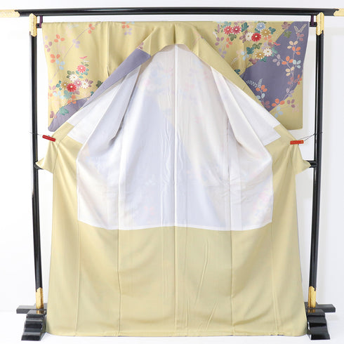 訪問着 身丈171.8cm 裄67.2cm 袷 菊柄 金駒刺繡 慶彩小袖 イエロー LLサイズ フォーマル 落款 正絹 広衿 Sランク