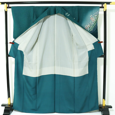 訪問着 リサイクル 身丈164cm 裄64.2cm 袷 付け下げ訪問着 辻ヶ花文様 絞り グリーン Lサイズ お洒落 正絹 広衿 Sランク