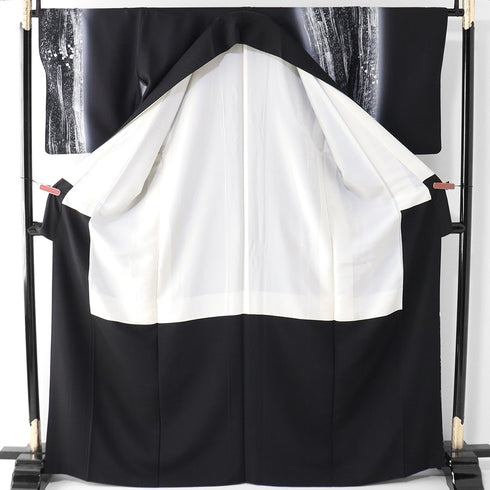 訪問着 リサイクル 身丈166cm 裄66.8cm 袷 たたきに刷毛目柄 ブラック LLサイズ お洒落 正絹 広衿 Aランク