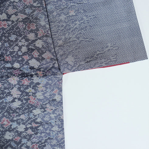 紬 リサイクル 身丈158cm 裄63.2cm 袷 縦ぼかしに草花柄 パープル Mサイズ お洒落 正絹 広衿 Sランク