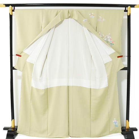 訪問着 リサイクル 身丈161.5cm 裄66.3cm 袷 四季花柄 イエロー Lサイズ フォーマル 一つ紋 正絹 広衿 Aランク