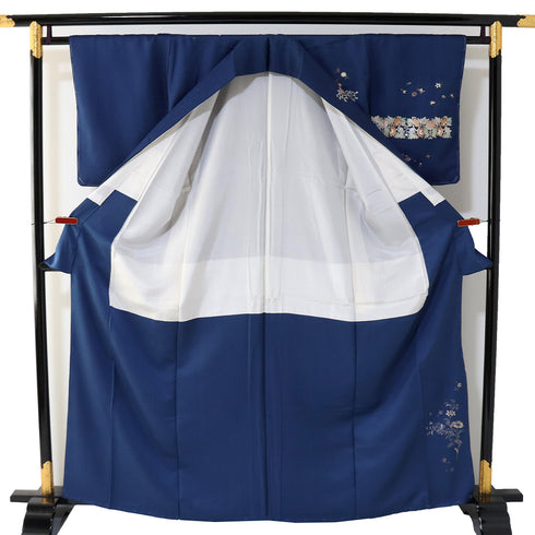 訪問着 リサイクル 身丈162.8cm 裄62.6cm 袷 金彩に双鳥と華文模様 ブルー Lサイズ セミフォーマル しつけ糸 正絹 広衿 Sランク