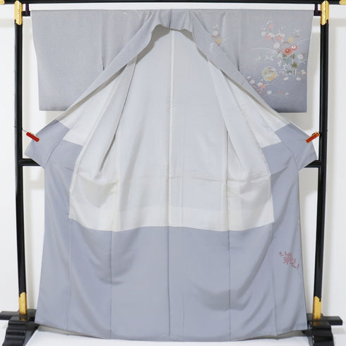訪問着 リサイクル 身丈163.5cm 裄68.2cm 袷 菊柄 グレー Lサイズ セミフォーマル お洒落 正絹 広衿 Sランク