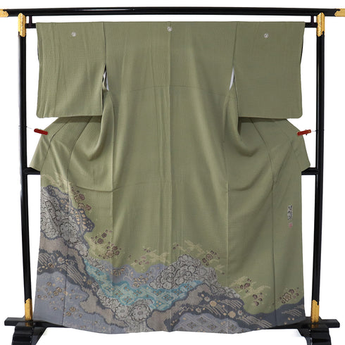 色留袖 リサイクル 身丈159.2cm 裄65.4cm 袷 辻ヶ花模様 絞り 大脇一心 グリーン Mサイズ 落款 三つ紋 正絹 広衿 Sランク