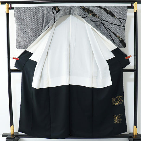 訪問着 リサイクル 身丈154.5cm 裄62.8cm 袷 総絞り 草花模様 部分刺繍 金彩加工 ゆったりサイズ ブラック Sサイズ お洒落 正絹 広衿 Sランク