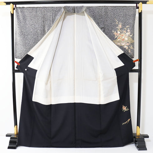 訪問着 リサイクル 身丈167.3cm 裄70.2cm 袷 短冊に花柄 金駒刺繍 箔 ブラック LLサイズ お洒落 正絹 広衿 Sランク