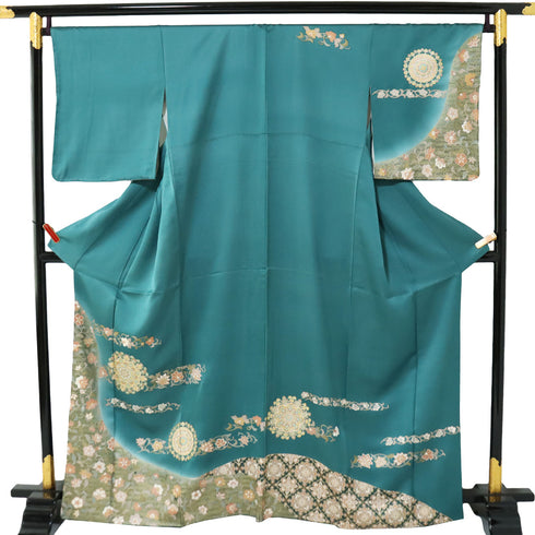 訪問着 リサイクル 身丈162.7cm 裄68.4cm 袷 華文 花唐草 箔 地紋 グリーン Lサイズ セミフォーマル お洒落 正絹 広衿 Sランク