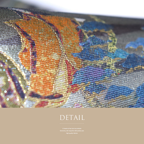 袋帯 リサイクル 帯丈440cm 六通 ポイント柄 平安絵巻柄 西陣織 貴秀螺鈿 シルバー Mサイズ 正絹 新品・未使用品 フォーマル