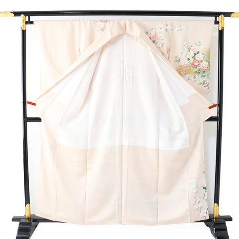 訪問着 リサイクル 身丈157.2cm 裄65.6cm 袷 牡丹に菊柄 金駒刺繍 箔 ピンク Mサイズ セミフォーマル お洒落 正絹 広衿 Sランク