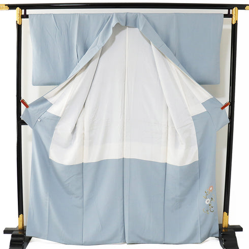 色留袖 リサイクル 身丈163cm 裄64.4cm 袷 華紋柄 箔 比翼無し ブルー Lサイズ 落款 一つ紋 正絹 広衿 Sランク