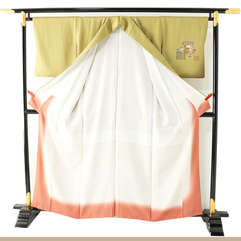 付下げ リサイクル 身丈158cm 裄65.6cm 袷 源氏香に花枝柄 箔 地紋 グリーン Mサイズ セミフォーマル お洒落 一つ紋 正絹 広衿 Aランク